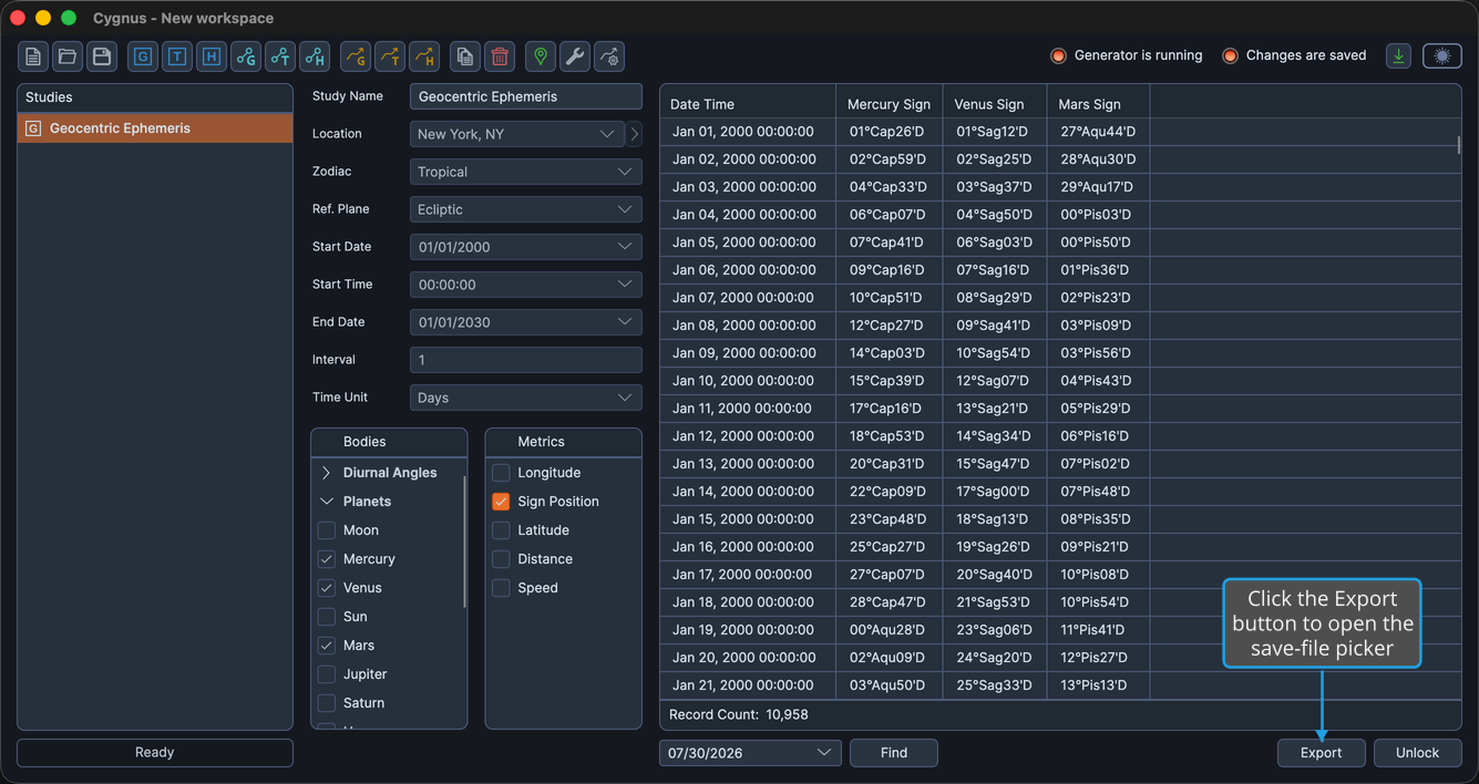 The Export button at the bottom right of a Geocentric Ephemeris Study editor, below the populated ephemeris table.