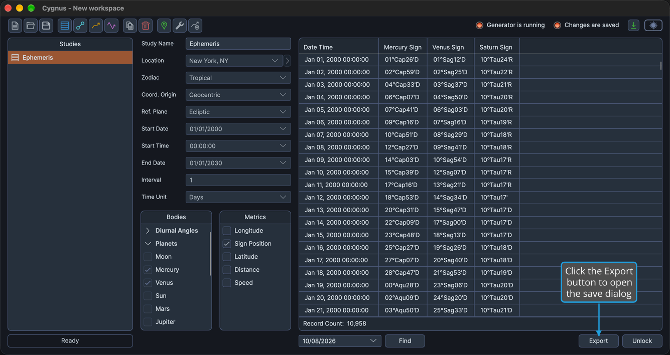 A generated Ephemeris study with records in the ephemeris table and the Export button at the right of the button bar below the table.