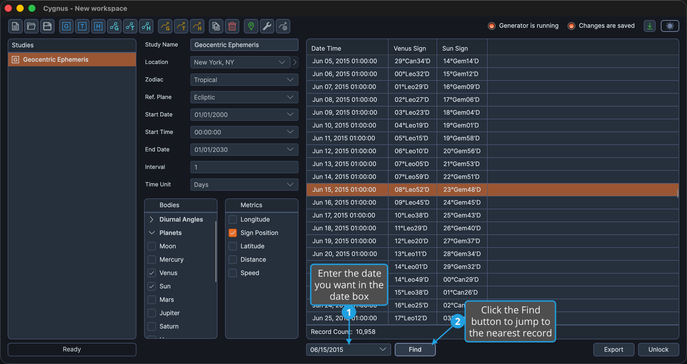 The date box at the bottom left of the study editor reading 06/15/2015 and the Find button beside it.