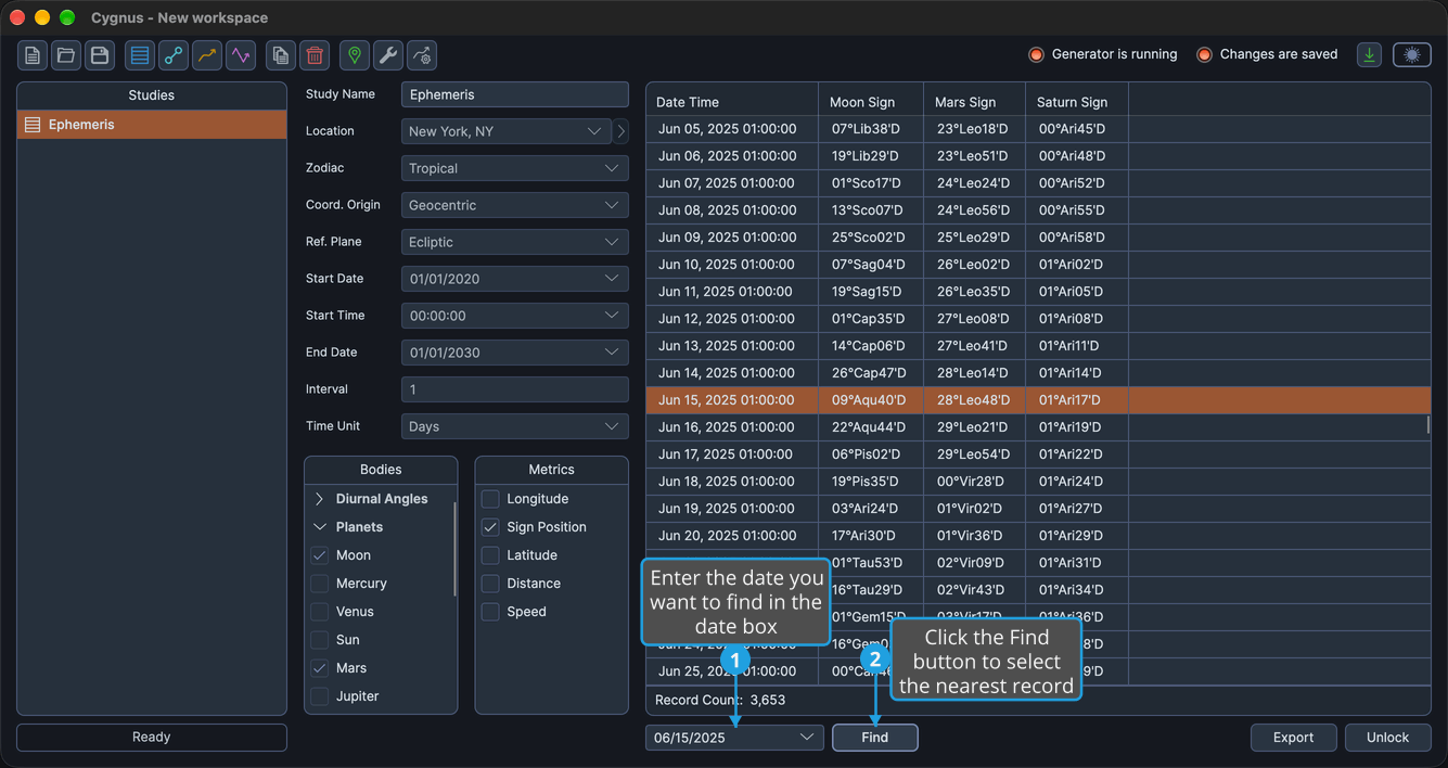 The ephemeris table centered on the record selected for June 15, 2025, with that date in the date box beside the Find button.
