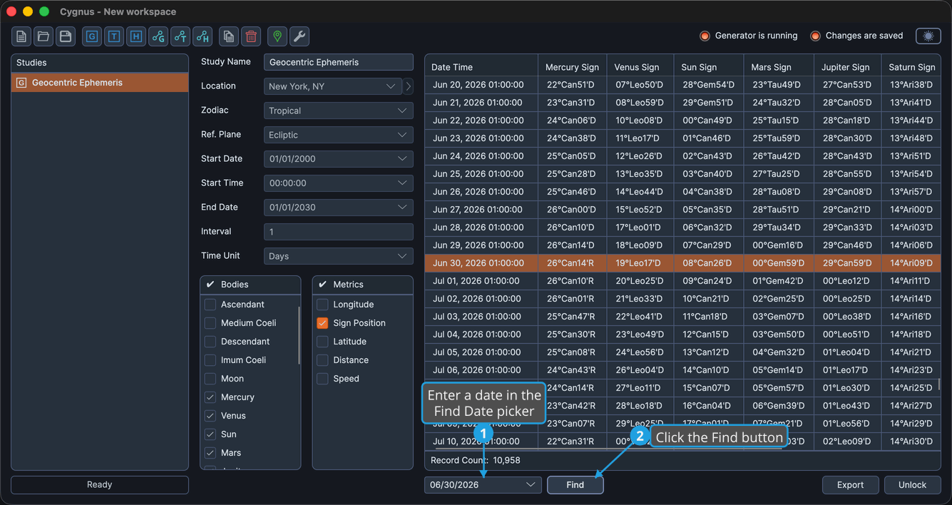 The results bar below the ephemeris table after a study finishes generating, showing the Find Date picker and Find button.