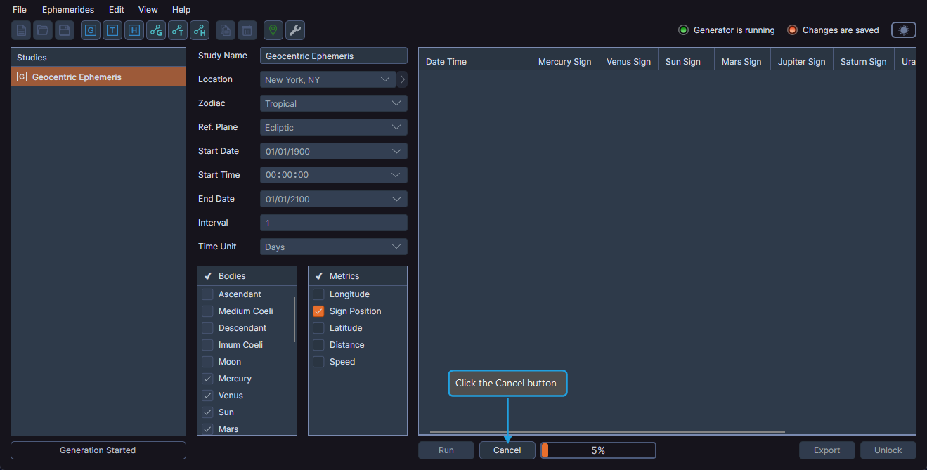Generation in progress with the Cancel button highlighted