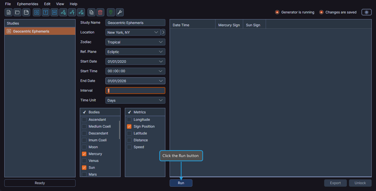 Study configuration with the Run button highlighted at the bottom of the screen