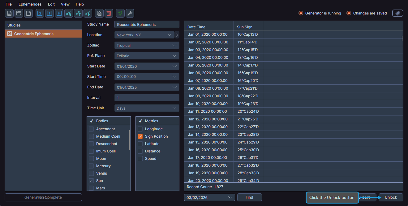 Study with generated results showing the Unlock button to re-enable editing