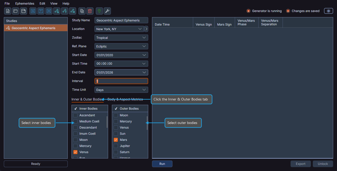 Geocentric Aspect Ephemeris configuration panel showing aspect-specific settings