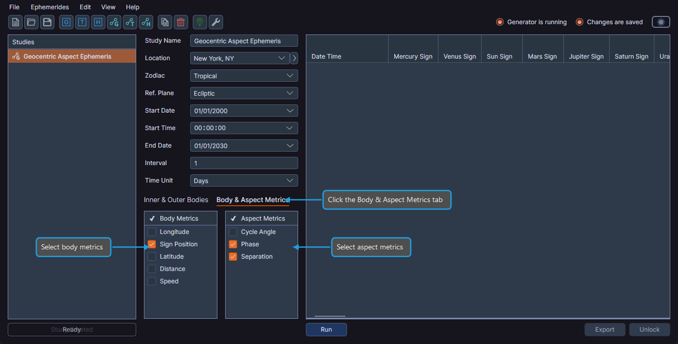 Geocentric Aspect Ephemeris metrics tab showing aspect-specific metric options