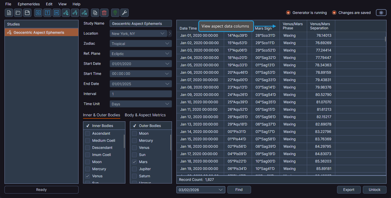 Geocentric Aspect Ephemeris results table showing generated aspect records