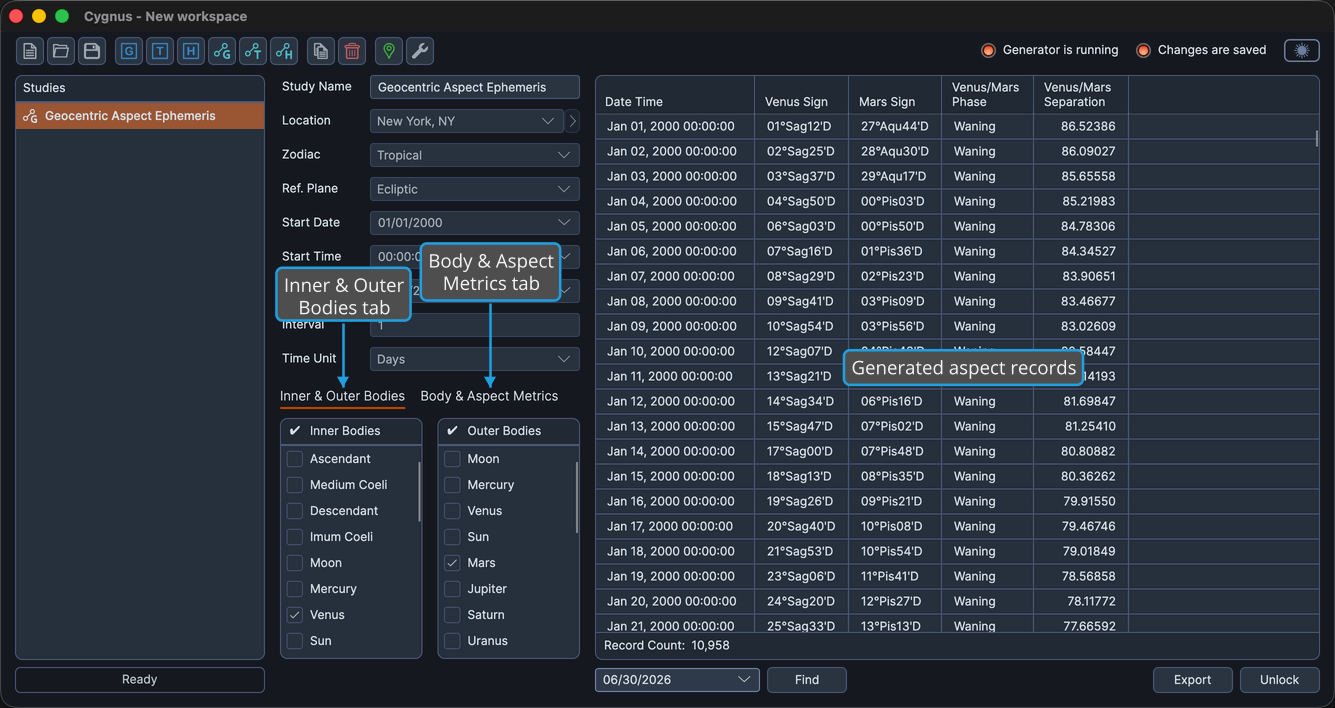 A completed geocentric aspect ephemeris study with its ephemeris table populated with aspect records for one inner body.