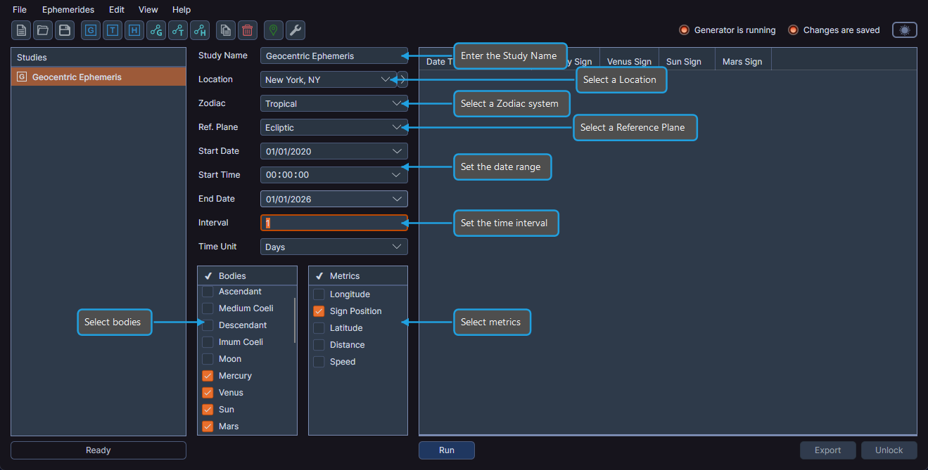 Geocentric Ephemeris configuration panel showing study name, location, zodiac, reference plane, date range, interval, bodies, and metrics