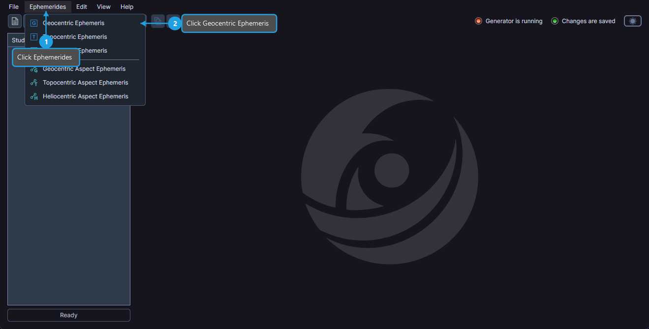 Ephemerides menu showing study type options with Geocentric Ephemeris selected
