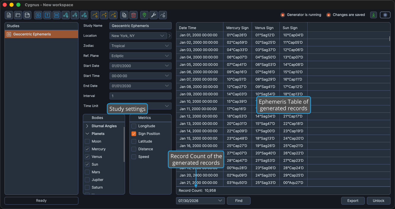 The Geocentric Ephemeris Study editor with Mercury, Venus, and Sun sign columns filling its ephemeris table.