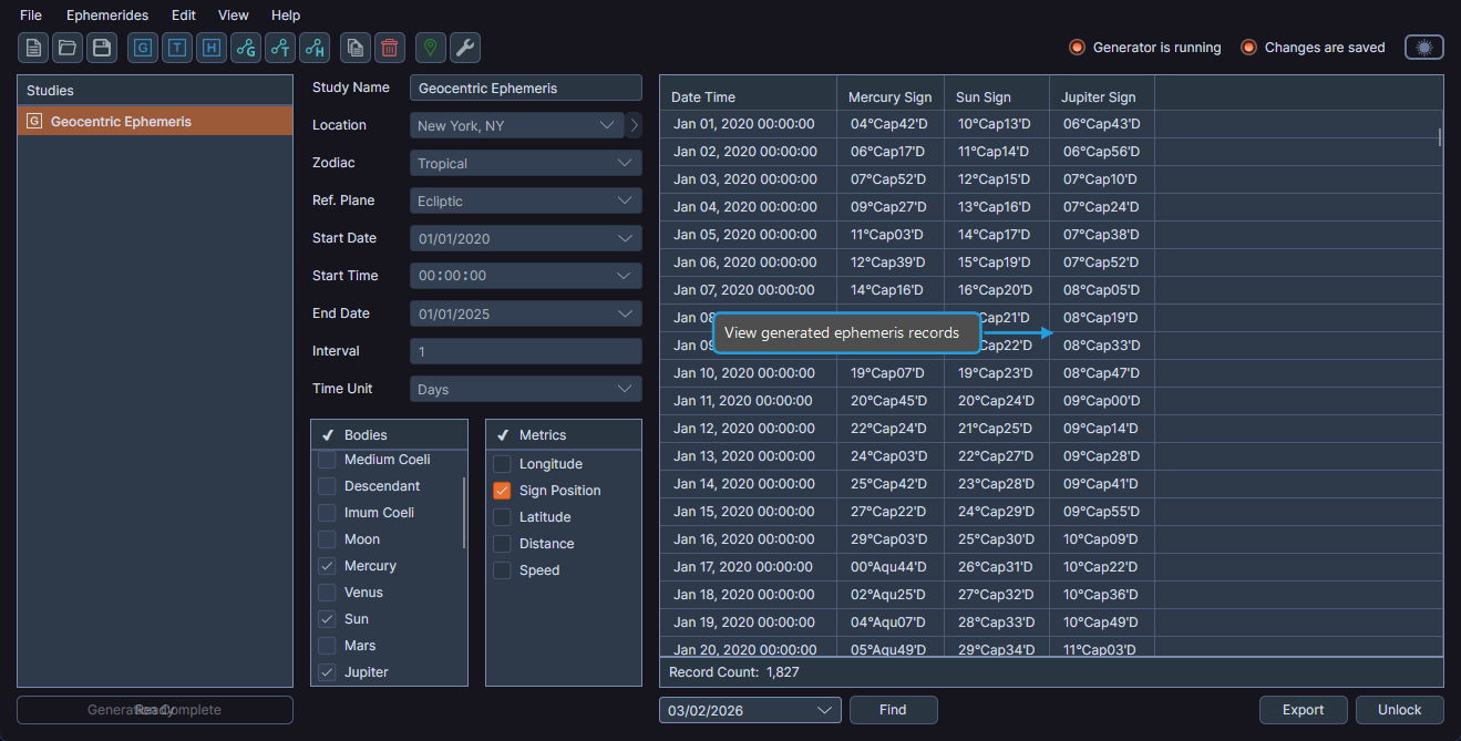 Geocentric Ephemeris results table showing generated planetary position records