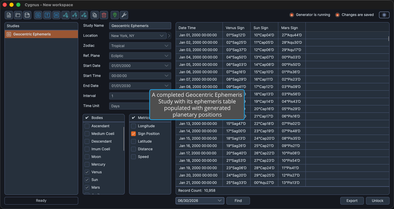 A completed geocentric ephemeris study with its ephemeris table populated with generated positions.