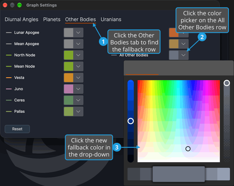 On the Other Bodies tab of the Graph Settings window, the color picker of the All Other Bodies row is open with its drop-down of colors.