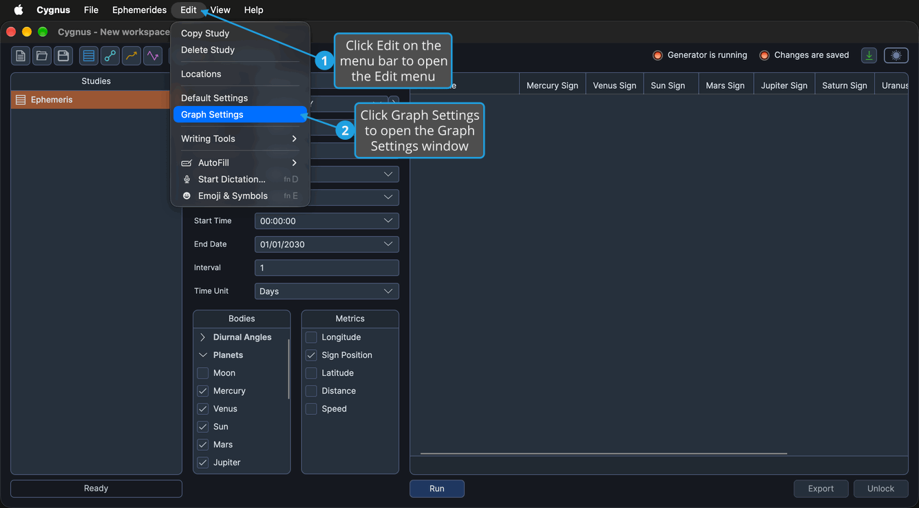 The Edit menu is open on the menu bar above the Cygnus main window, with Graph Settings highlighted.