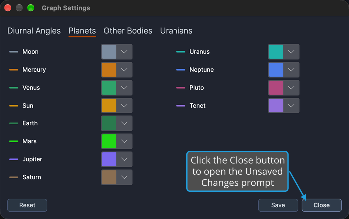 The Graph Settings window has an unsaved color change on the Planets tab, so the Save button is available beside the Close button.