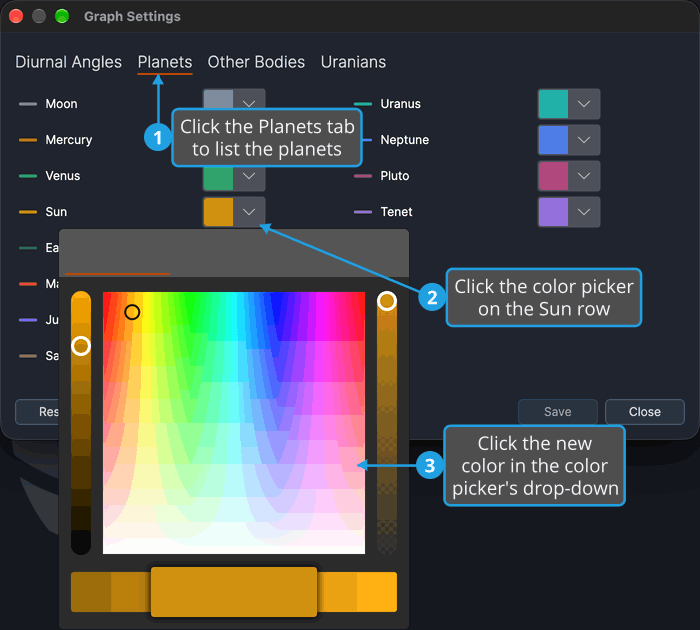 On the Planets tab of the Graph Settings window, the color picker of the Sun row is open with its drop-down of colors.