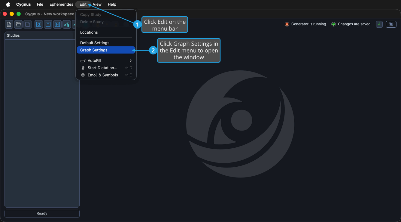 The Edit menu open over the main Cygnus window with the Graph Settings command highlighted.