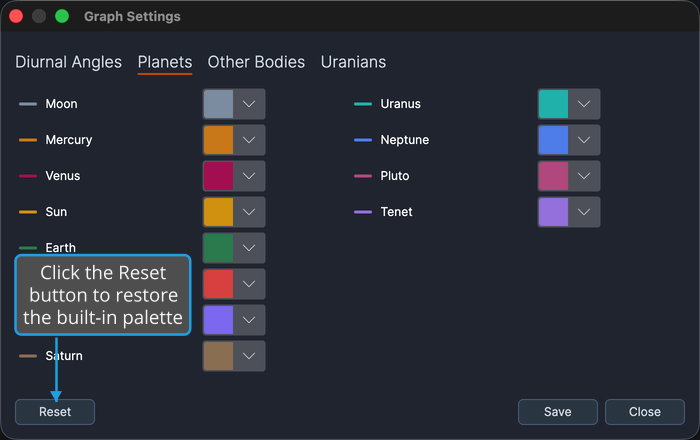 The Planets tab colors in the Graph Settings window, with the Reset button at the bottom left.