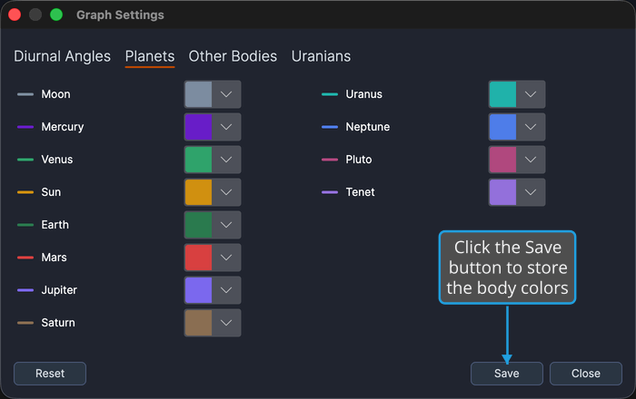 The Graph Settings window showing the Planets tab body colors with the Save button enabled.