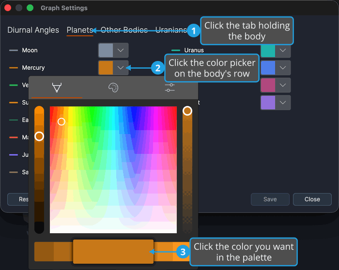 The Planets tab of the Graph Settings window with a body row's color picker expanded to its color palette.