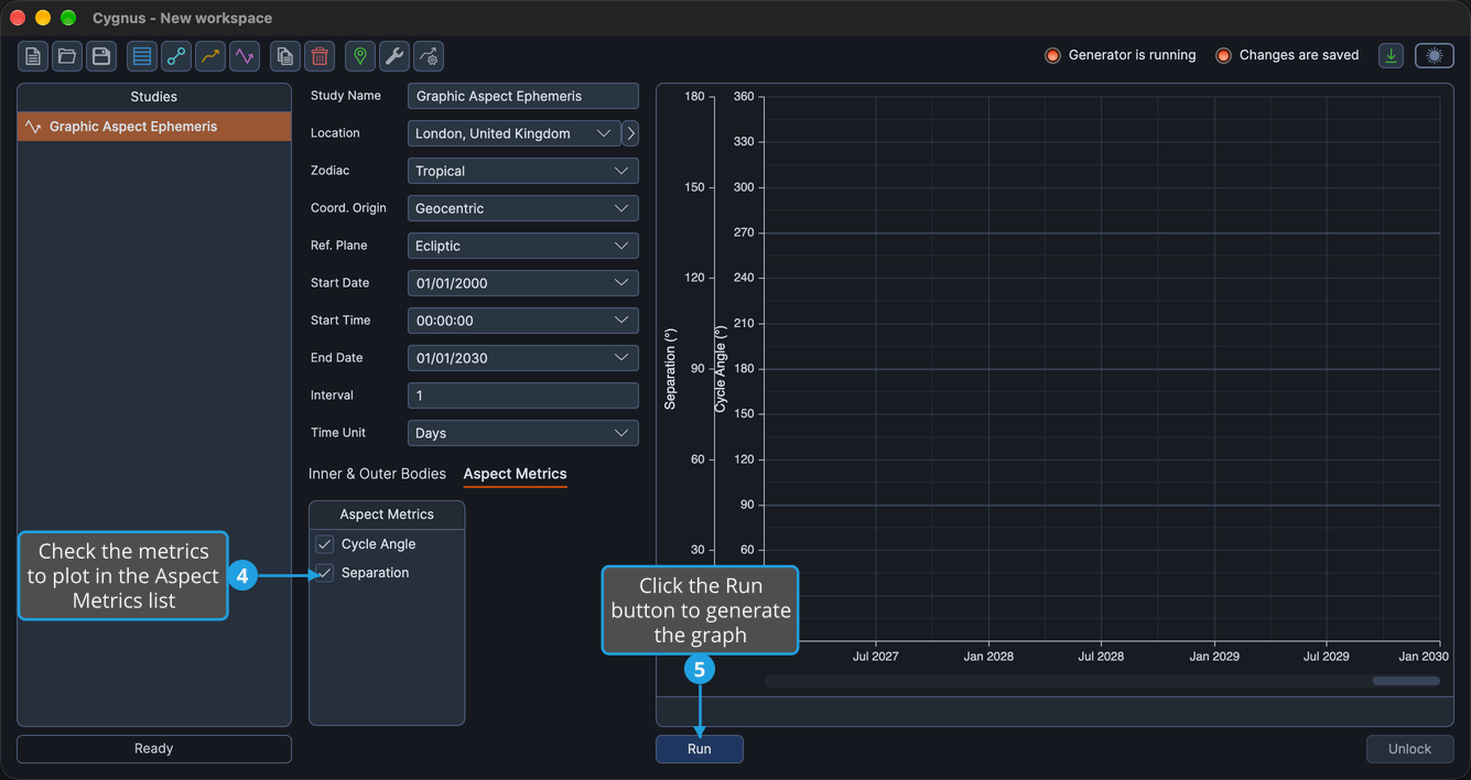The Aspect Metrics tab of a new Graphic Aspect Ephemeris study, with Cycle Angle and Separation checked and the Run button ready below the empty graph.