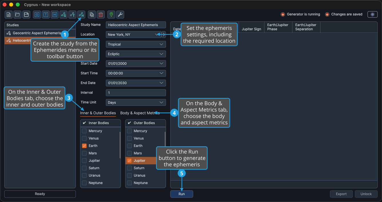 A configured heliocentric aspect ephemeris study before generation, showing the ephemeris settings.