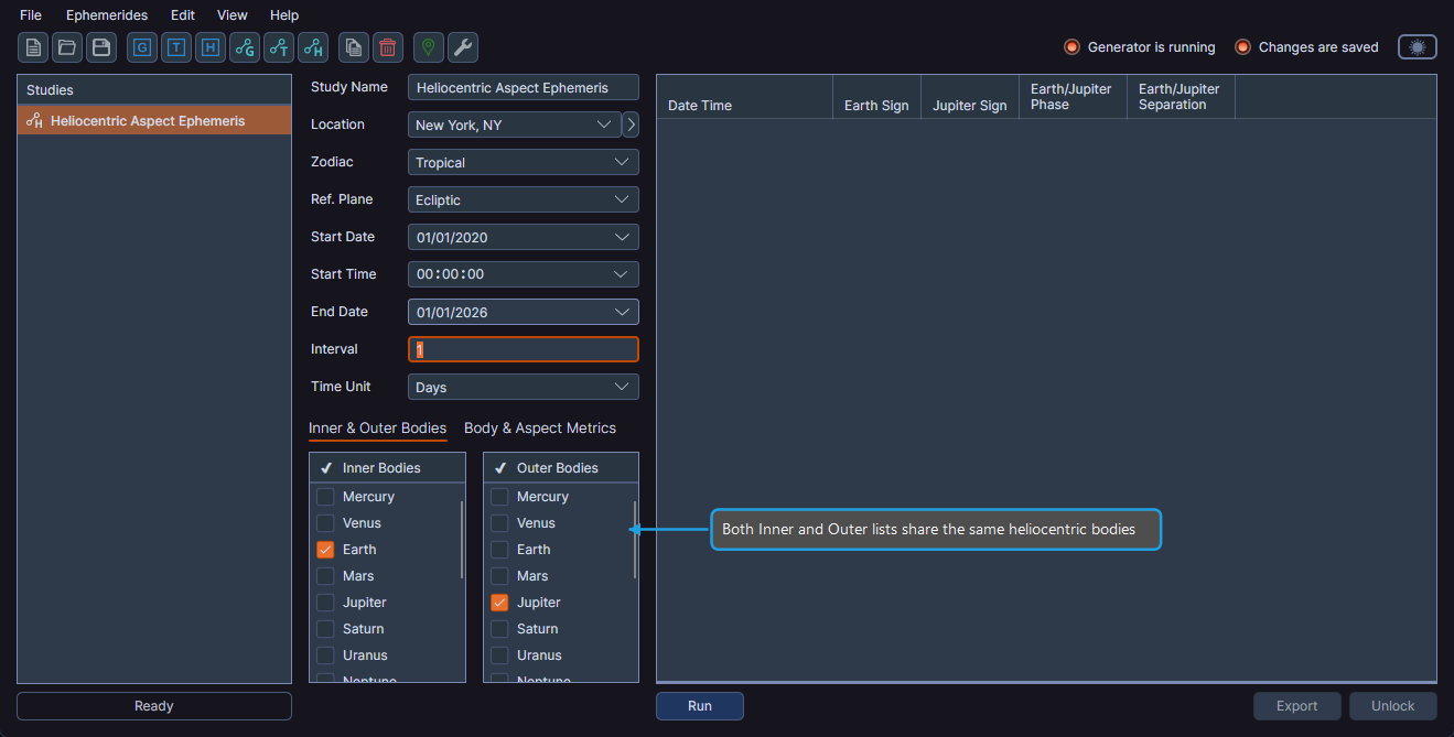Heliocentric Aspect Ephemeris configuration panel highlighting the coordinate origin set to Heliocentric