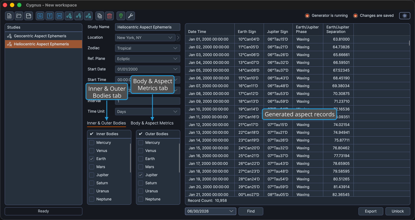 A completed heliocentric aspect ephemeris study with its ephemeris table populated with aspect records for one inner body.