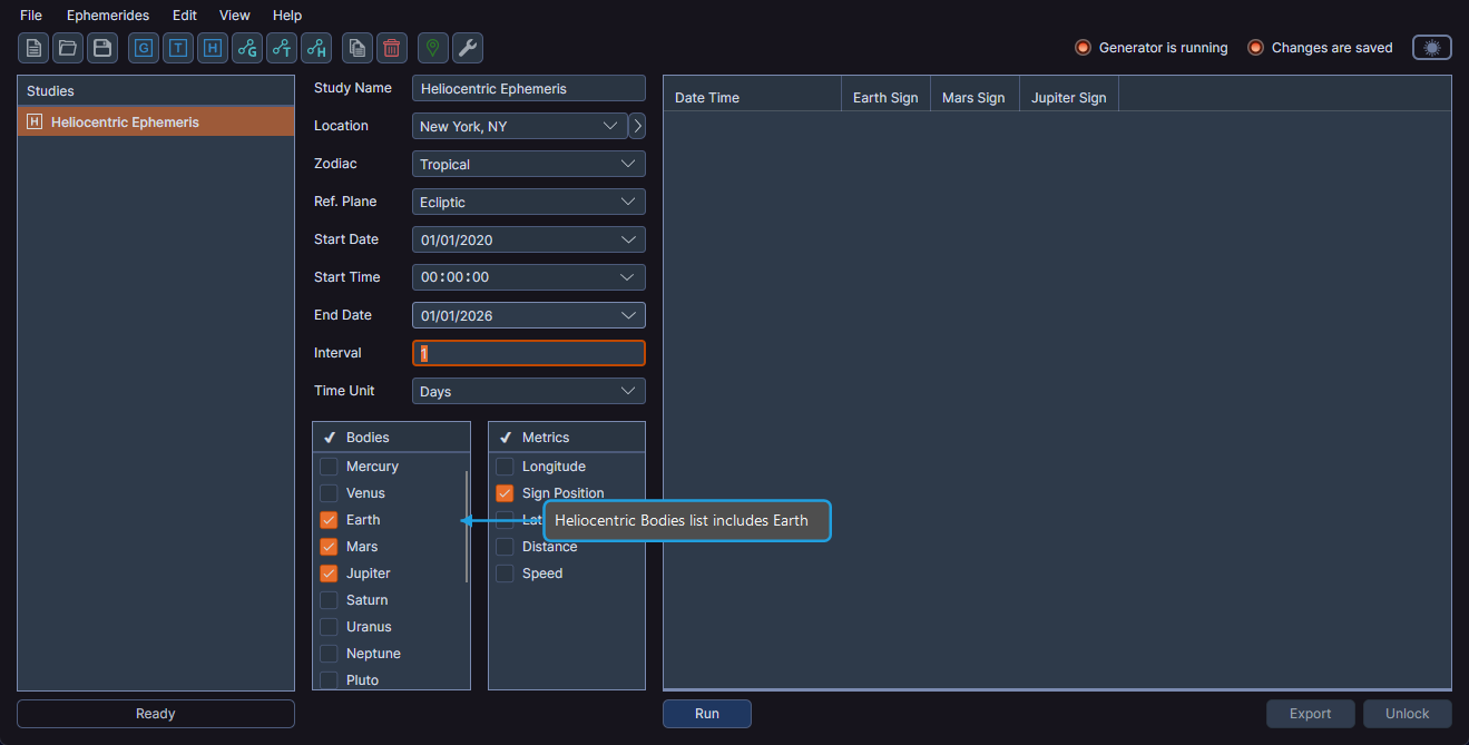 Heliocentric Ephemeris configuration panel highlighting the coordinate origin set to Heliocentric