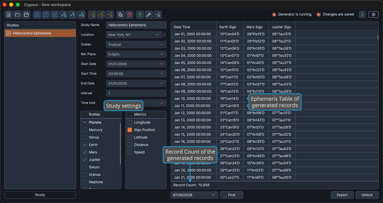 A generated Heliocentric Ephemeris Study whose ephemeris table reports Earth, Mars, and Jupiter by sign.