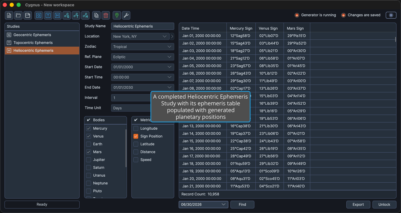 A completed heliocentric ephemeris study with its ephemeris table populated with generated positions.