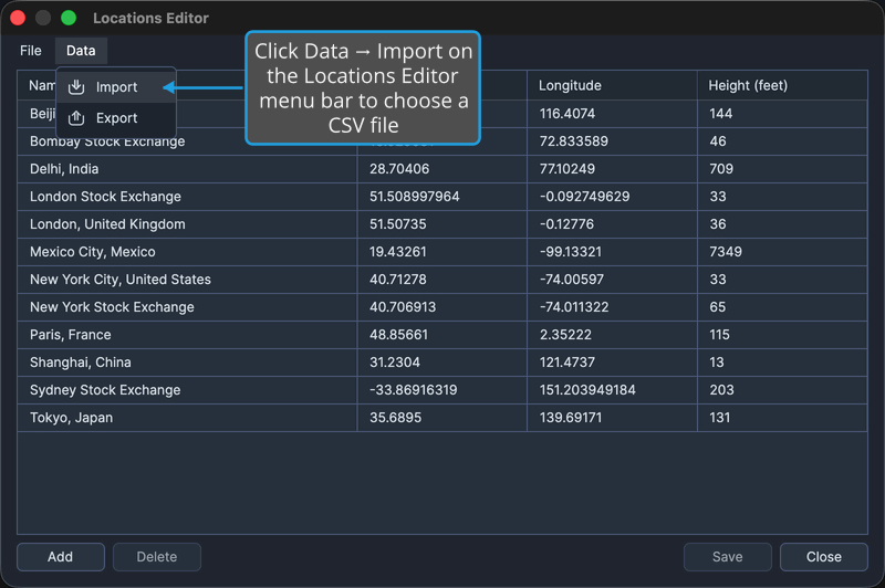 The Data menu open in the Locations Editor, showing the Import command highlighted above the grid.