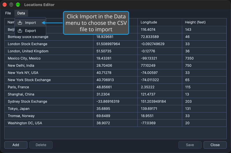 The Data menu of the Locations Editor is open with Import highlighted, above the table of saved locations.