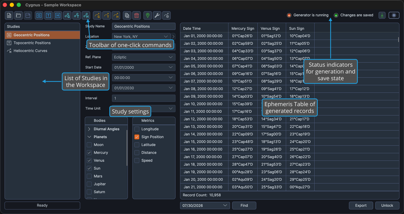 The Cygnus main window with three studies in the Studies list and the selected study's ephemeris table populated.