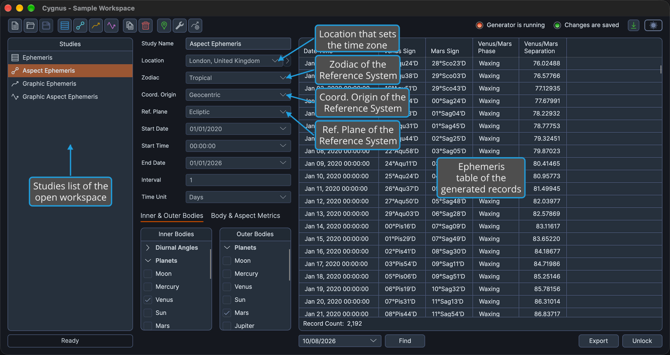 The Cygnus main window in the dark theme, showing the Studies list, the Location setting that sets the time zone, the Reference System's Zodiac, Coord. Origin and Ref. Plane, and the ephemeris table of a generated Aspect Ephemeris study.