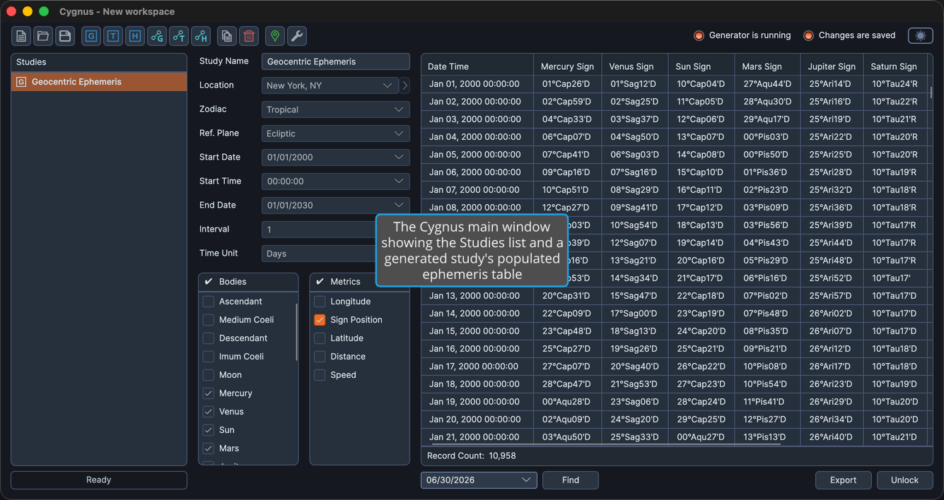 The Cygnus main window after generating a study, with the studies list on the left and a populated ephemeris table on the right.