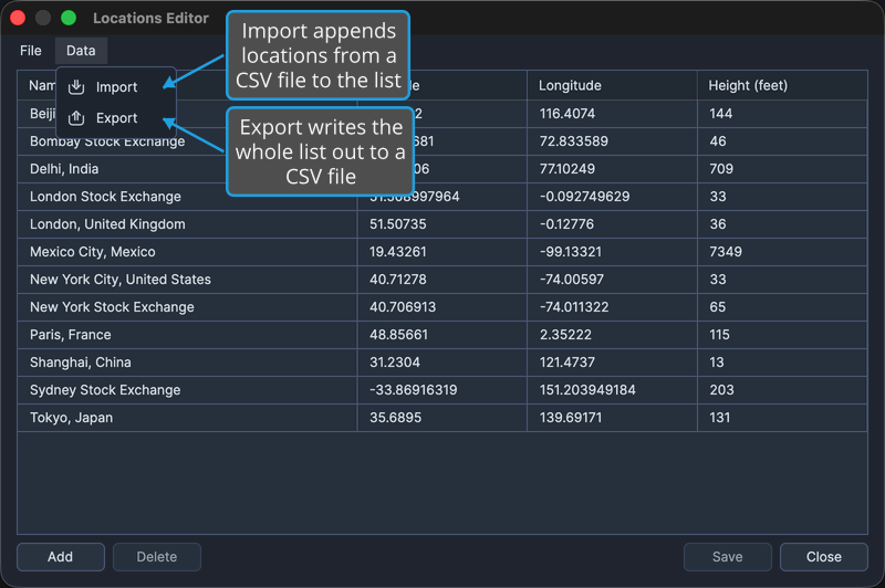 The Locations Editor's Data menu open, listing the Import and Export commands above the grid.
