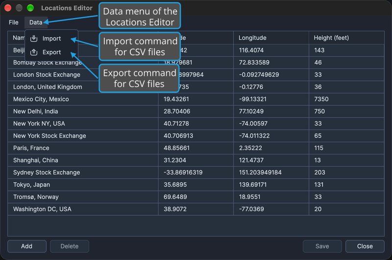 The Data menu of the Locations Editor is open, listing the Import and Export commands.