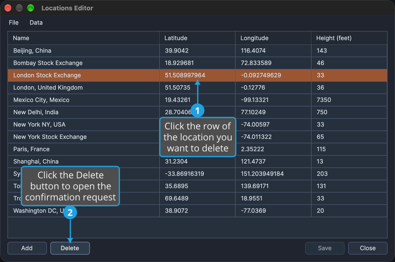 The third location in the Locations table is selected, ready to be removed with the Delete button below the table.
