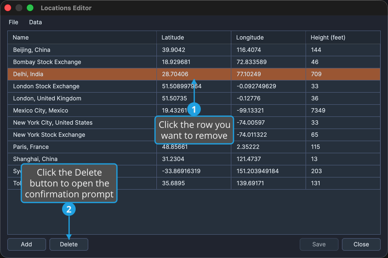 The Locations Editor with a row selected and the Delete button enabled below the grid.