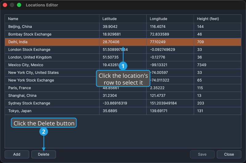The Locations Editor with a location row selected.
