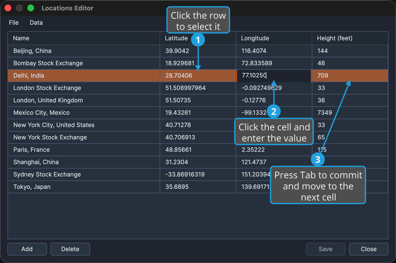 The Delhi, India row selected in the Locations Editor with its Longitude cell in edit mode.