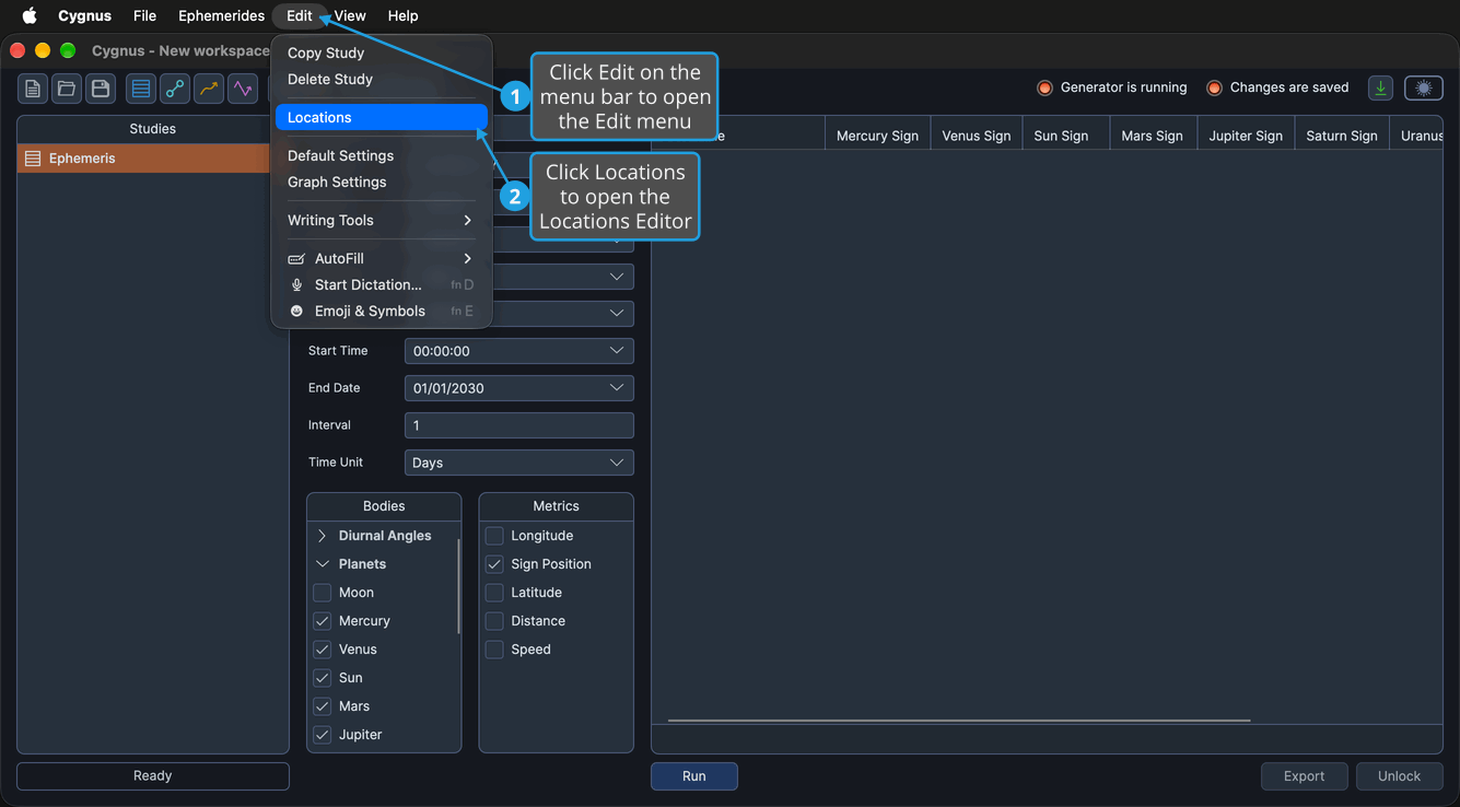 The Edit menu is open on the menu bar above the Cygnus main window, with Locations highlighted.