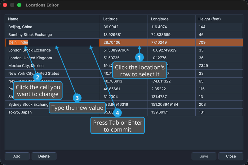The Locations Editor with a location row selected and a cell being edited.