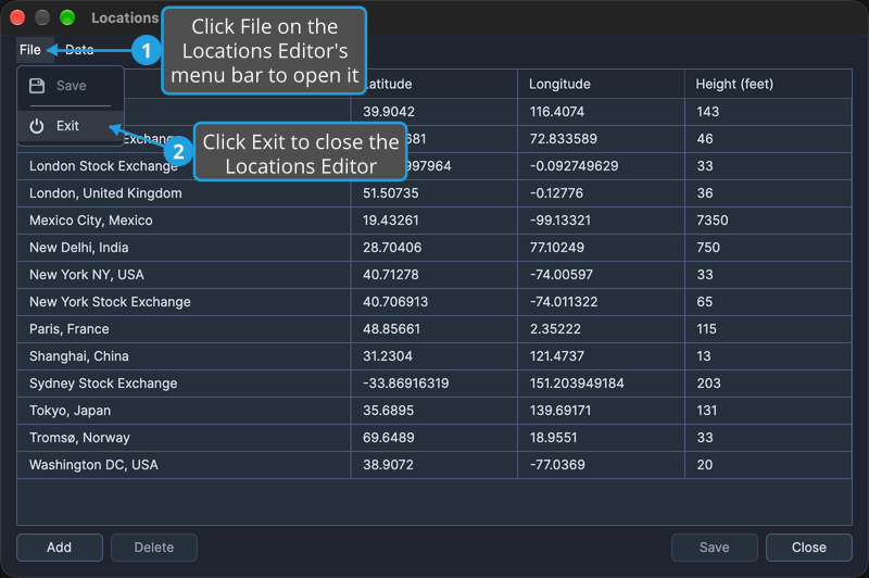 The File menu of the Locations Editor is open with Exit highlighted and Save unavailable, as the list has no unsaved changes.