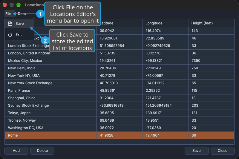 The File menu of the Locations Editor is open with Save highlighted, after a new location was added to the table.