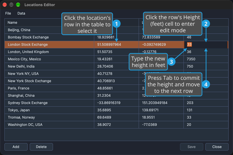 The third location in the Locations table is selected, with its Height (feet) cell open for editing.