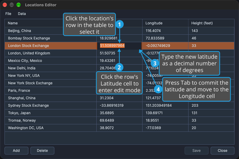 The third location in the Locations table is selected, with its Latitude cell open for editing.