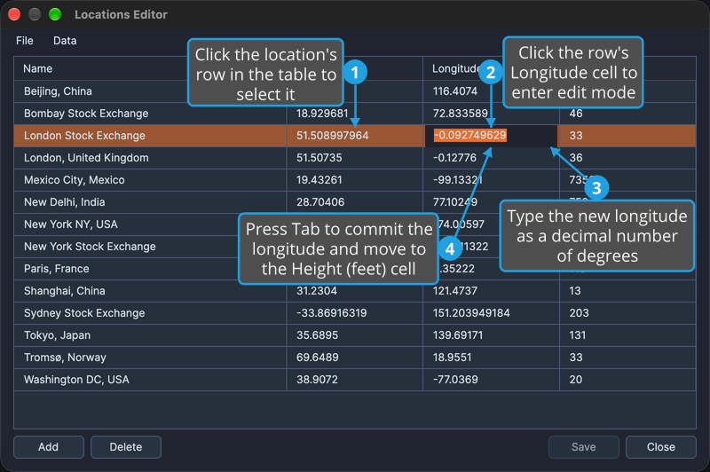 The third location in the Locations table is selected, with its Longitude cell open for editing.